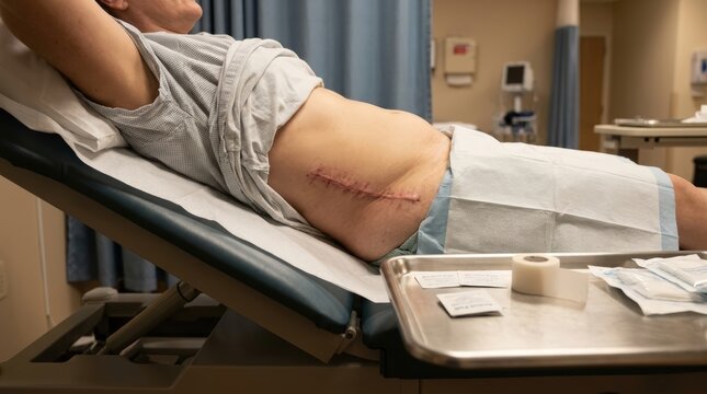 Patient Lying on Hospital Bed Showing Abdominal Surgical Incision Scar with Medical Supplies on Tray in Clinical Setting for Post-Operative Recovery and Healthcare Concept