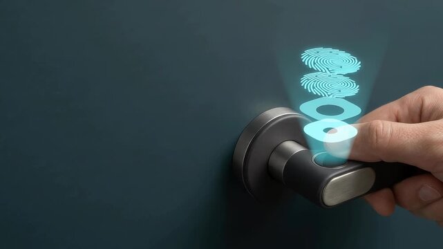 Digital Identity seamless loop featuring hand gripping fingerprint sensor door handle with holographic biometric authentication for corporate cybersecurity backgrounds