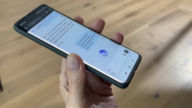 AI assistant chat on phone screen, senior hand holding it sideways to read the reply. Programming and tech support question answered in real time. Mature user..