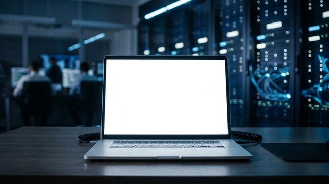 Open laptop with blank white screen on computer desk overlooking server room racks