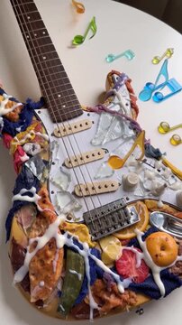 A musical instrument&mdash;a guitar, glued together from scraps and other odds and ends&mdash;strums its strings, producing musical notes in the form of plastic contraptions. 3d animation art.