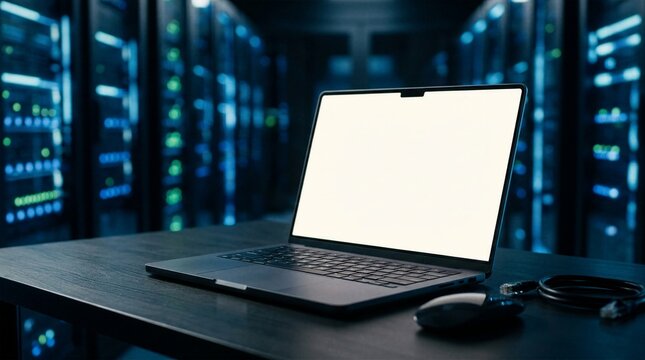 Close up of open laptop mockup on black table with patch cable in server facility
