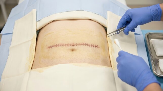 Close up of medical professional in blue gloves cleaning a surgical incision on a patient s abdomen with a cotton swab and tweezers in a clinical hospital setting