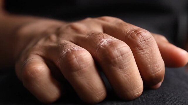 Tense fist presses against black clothing in detailed closeup. Brown hand holds tightly curled posture, conveying stress and suppressed emotion while textured skin and knuckles catch soft light.