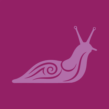 Minimalist snail silhouette featuring elegant spiral shell patterns, curved ornamental details, and long antennae. Simple monochrome animal illustration suitable for nature themes, logo concepts, bran
