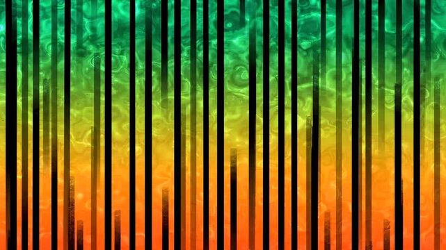 Vertical black bars create a barcode or equalizer visual effect on a smooth green yellow and peach gradient surface.