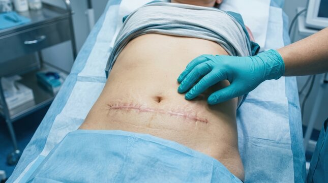 Doctor in blue surgical gloves performing medical examination of a fresh horizontal surgical incision on a patient s abdomen in a sterile hospital clinic room