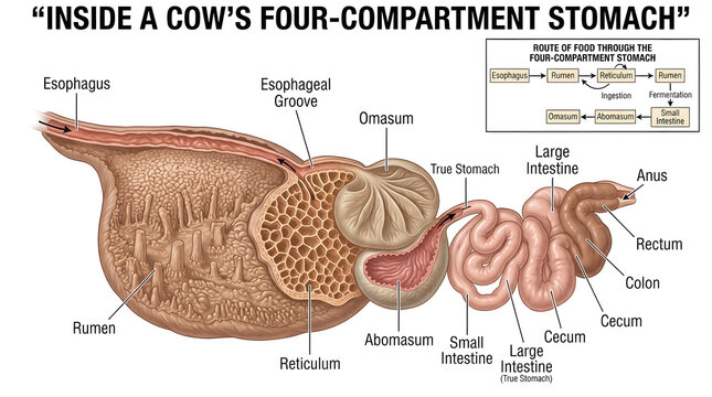 Educational infographic showing the complex four compartment stomach anatomy