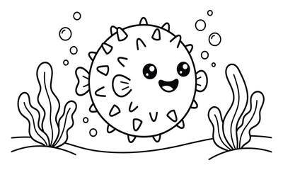 Cute puffer fish with spikes swimming underwater coloring page for kids © MdMasum
