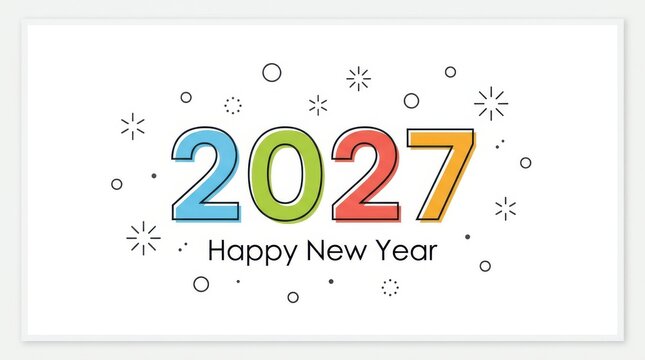 Happy New Year 2027 typography with colorful numbers and festive confetti on white background