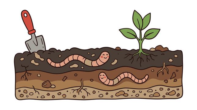 Cute smiling earthworms crawling underground with growing green sprout and gardening trowel on white background