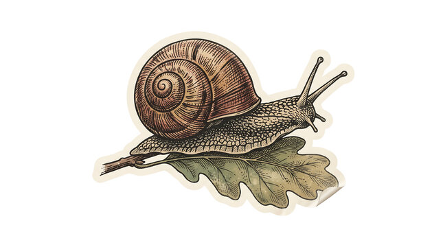 Transparent vintage drawing of a garden snail on an oak leaf