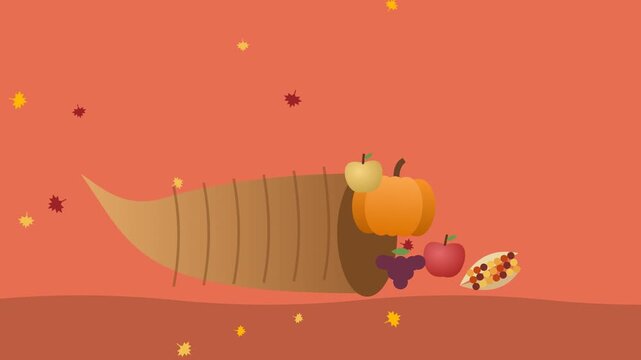 Cornucopia horn of plenty with fruits and vegetables on coral background, Thanksgiving seamless loop flat animation