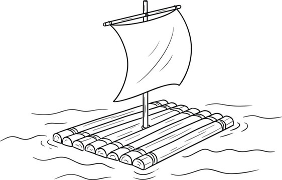 Hand drawn wooden log raft with white cloth sail floating on water waves isolated sketch vector illustration