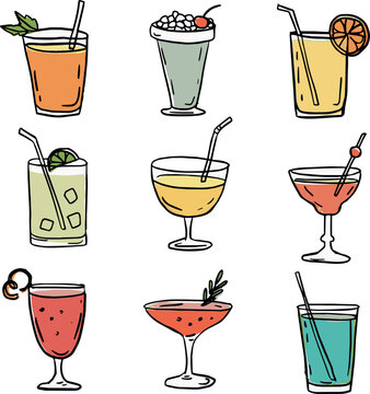 Nine Colorful Cocktail Drinks, Hand Drawn Vector Set