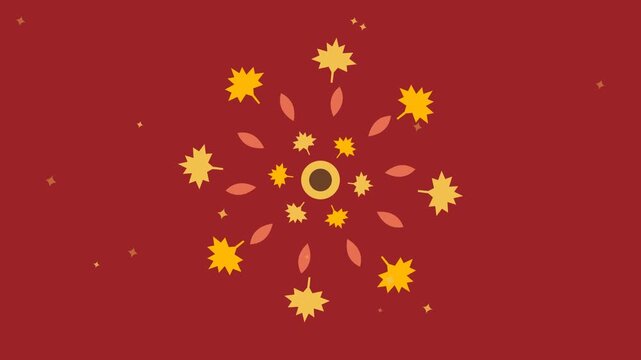 Autumn leaf mandala pattern rotating on burgundy background, Thanksgiving seamless loop flat animation