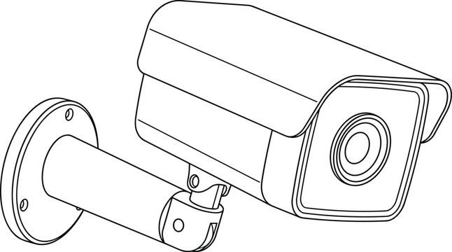 Security cctv surveillance camera mounted on a bracket wall for safety protection isolated outline vector illustration