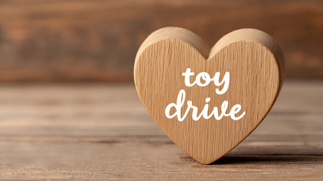 A wooden heart-shaped block inscribed with white text reading "toy drive" resting on a rustic wooden table.Charity and non-profit organization websites, community donation blogs, holiday gift 