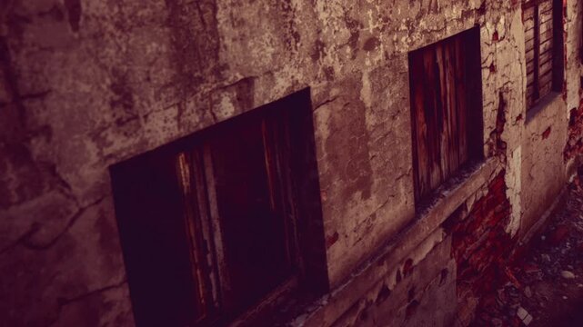 Decaying exterior wall of an old building featuring deep cracks and peeling plaster during sunset which shows exposed red bricks and worn window frames in a quiet urban neighborhood setting outdoors