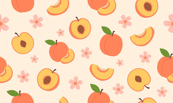 Handdrawn peach fruit and blossom seamless pattern with fresh leaves