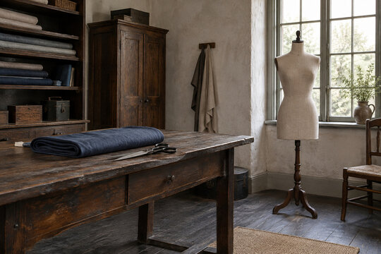 Vintage Tailor Workroom with Dress Form and Indigo Fabric