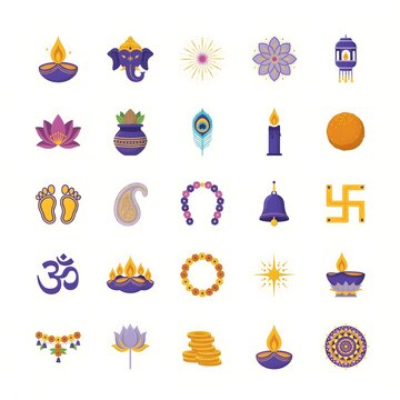 Premium Indian Festival of Lights Icon Collection with Purple Diyas, Ganesha and Golden Fireworks