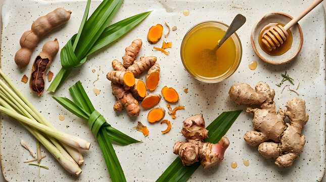 Top view of fresh turmeric, ginger, tamarind and lemongrass with a glass of golden herbal jamu drink on ceramic