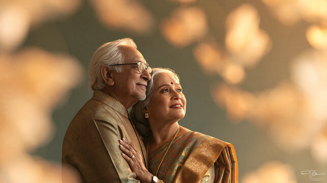 Loving Elderly Couple Embracing, Smiling, and Looking Upwards Together