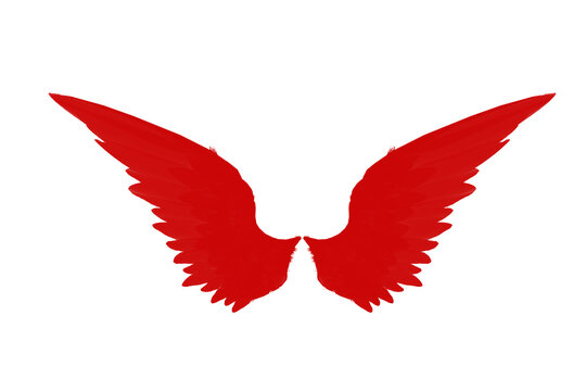 Red angel wings silhouette on white background. Bold feathered wing pair with sharp pointed feathers spreading upward in symmetrical shape. Vector bird icon design for logo, tattoo, fashion, and love.