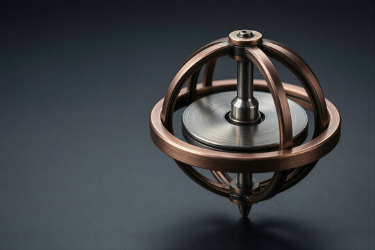 Copper and Steel Gyroscope Balancing on Its Pointed Tip on a Dark Slate Background, Physics Balance and Precision Concept