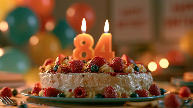 Birthday Cake with 84 Candles, Festive 84th Birthday Celebration, Decorated Cake with Berries and Nuts, Milestone Birthday Party, Delicious Dessert