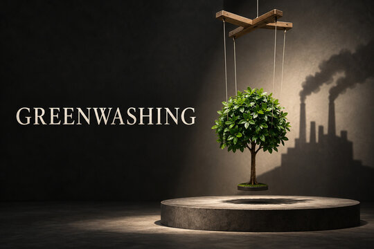 Greenwashing Tree Marionette Casting an Industrial Factory Shadow