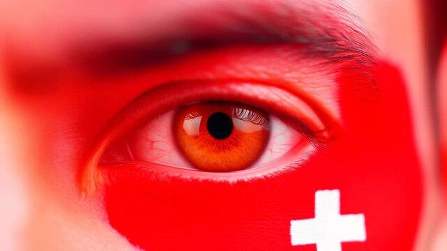 Extreme macro photorealistic footage of a fictional adult human male eye with Switzerland face paint and deep warm-brown iris
