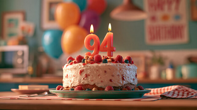 Delicious 94th Birthday Cake with Fresh Fruit and Candles - Kitchen Party Setting