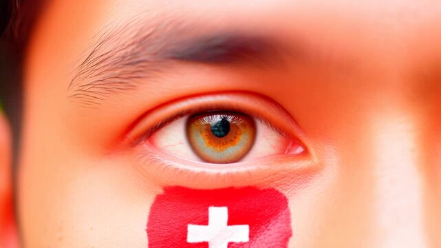 Extreme macro photorealistic footage of a fictional adult human male eye with Switzerland face paint and muted hazel-green iris

