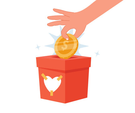 A hand pouring gold coins into a charity box with a heart sticker, flat vector illustration. Ideal for donation, giving