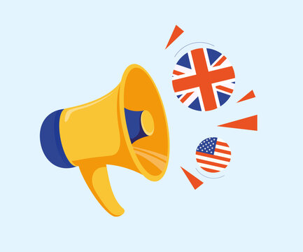 Megaphone with English elements, modern vector illustration, representing learning English, teaching English, language