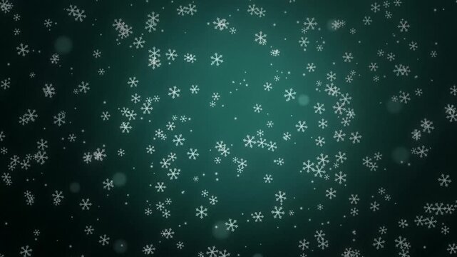 White snowflakes falling gently on a dark teal background with bokeh