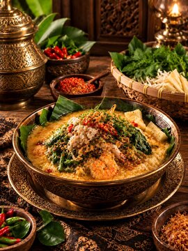 Authentic Indonesian savory porridge topped with prawns, fresh herbs, and fried shallots served in a vintage brass bowl with traditional spices