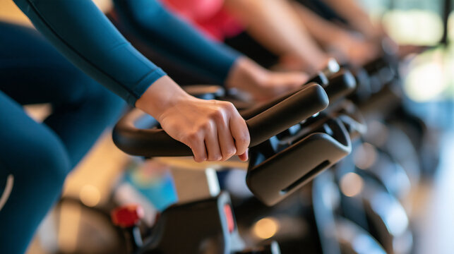 Faceless group on cycling bikes in a spin class, cardio and energy in a gym community, with copy space