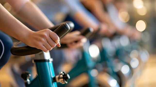 Faceless group on cycling bikes in a spin class, cardio and energy in a gym community, with copy space