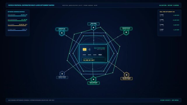 Futuristic 2.5D fintech motion graphics featuring a centralized smart payment card projecting a 3-layer holographic cryptographic shield, broadcasting transactions across a distributed cloud settlemen