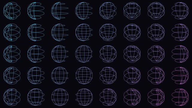 Grid of spinning wireframe globes each turning with a phase shift