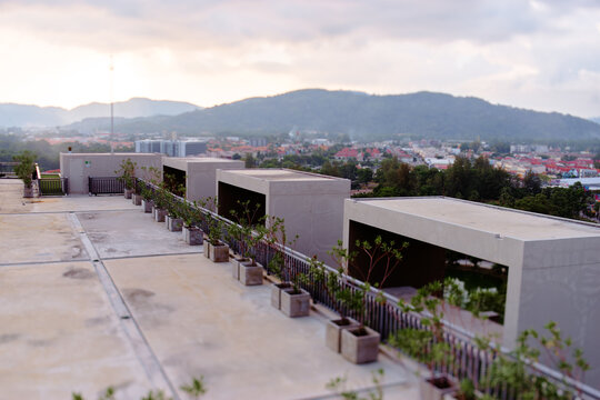 Rooftop terrace with potted plants overlooking Phuket city and mountains at sunset with soft tilt-shift blur.