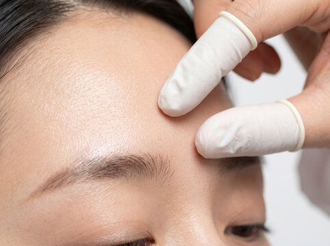 Close-up of a doctor or cosmetologist with protective finger cots touching a woman's forehead during a dermatology examination or skincare treatment.