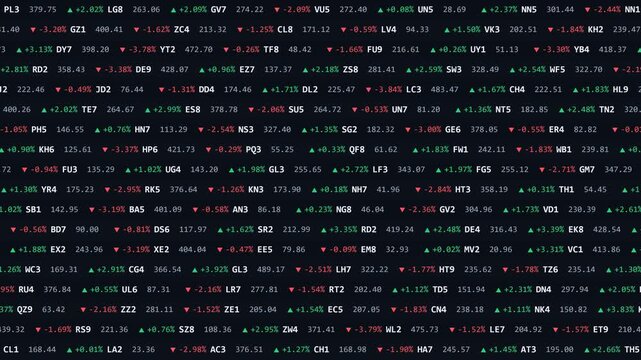 Rows of market style tickers scrolling with rising and falling values