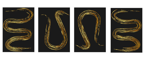 Set of four gold metallic squiggle worm shapes in S, U, and spiral forms on black panels, perfect for luxury y2k wall art prints and modern abstract poster decor © Iryna
