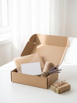 Small business packaging mockup with open kraft shipping box, blank thank you card, twine and lavender on white table, e-commerce concept with copy space