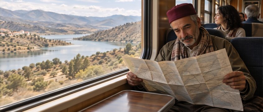 Elderly man with maroon hat studies paper map on scenic train journey through rolling hills and lake landscape, with wooden paneling and other passengers visible, suggesting slow travel and