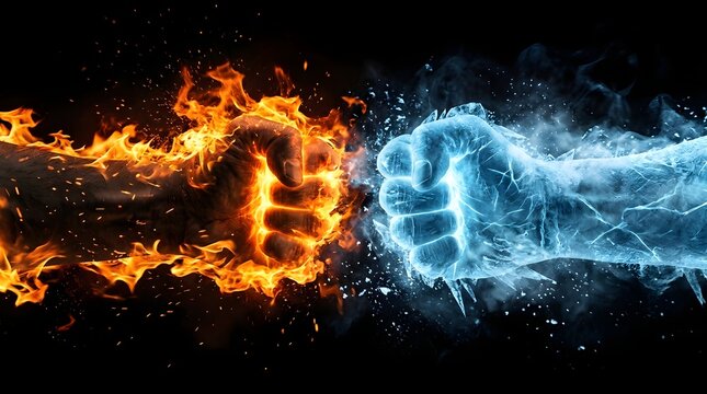 Fiery and icy fists clashing in dramatic confrontation